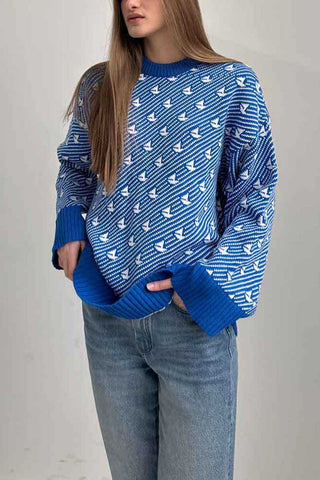 Bird Motif Crew Neck Knit Sweater