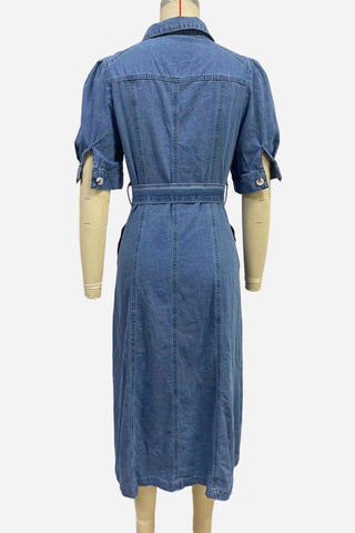 Belted Button-Front Denim Dress