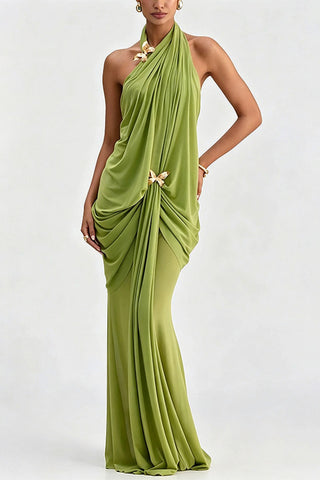 Ruched Halter Butterfly Maxi Casual Dress