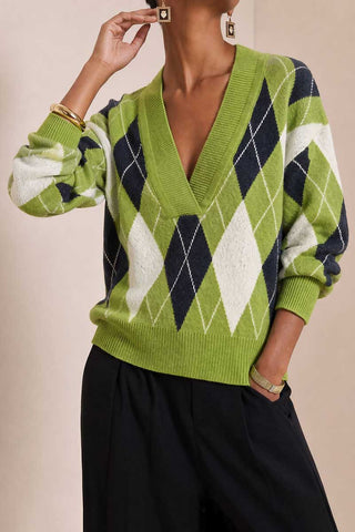 Argyle Knit V-Neck Sweater