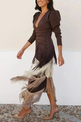 V-Neck Puff Sleeve Tiered Fringe Dress