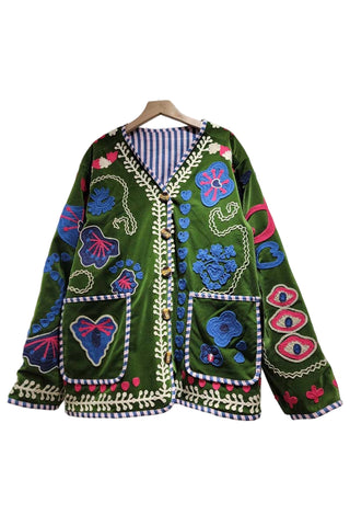 Embroidered Floral V-Neck Button-Front Coat