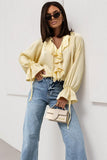 Ruffle V-Neck Tie Sleeve Satin Blouse