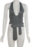 Striped Halter Deep V-Neck Tie Front Tank