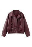 Notched Collar Smocked Waist Faux Leather Jacket