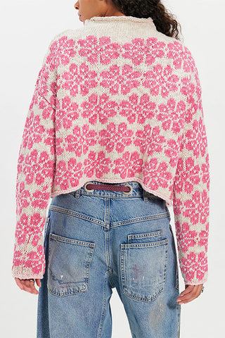 Floral Knit Crew Neck Crop Sweater