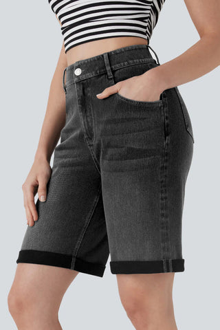 High-Waist Denim Bermuda Shorts