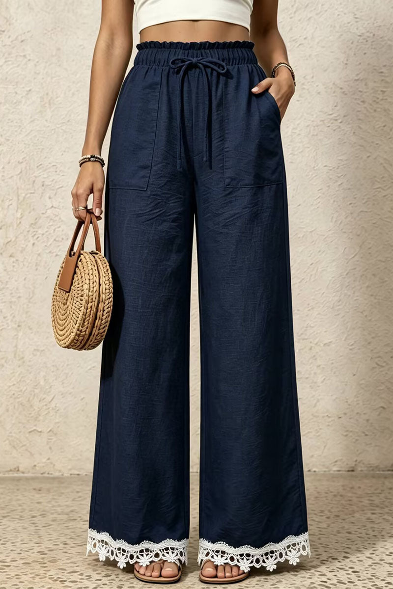 Ruffle Waist Lace-Trim Wide-Leg Pants