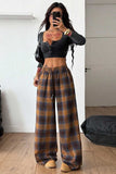 Plaid Drawstring Wide-Leg Casual Pants