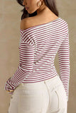 Ribbed One-Shoulder Striped Long Sleeve Top