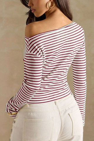 Ribbed One-Shoulder Striped Long Sleeve Top