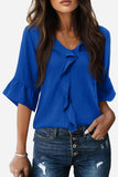Ruffled V-Neck Blouse with Tiered Sleeves