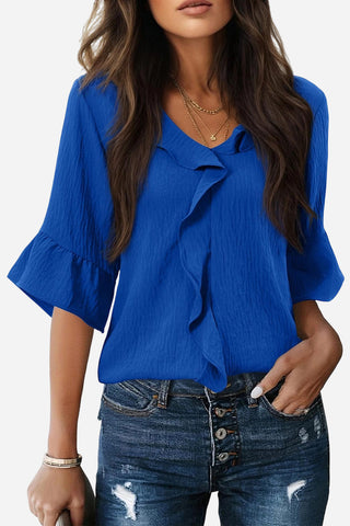 Ruffled V-Neck Blouse with Tiered Sleeves