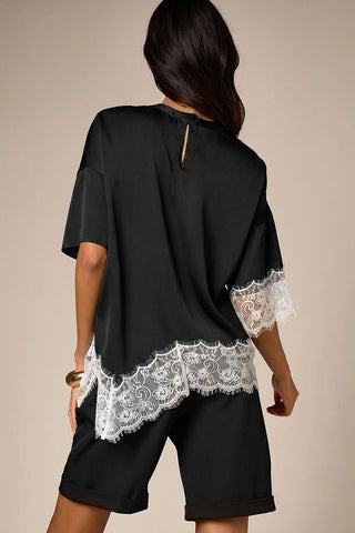 Satin Crew Neck Lace Trim T-Shirt