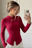 Mock Neck Keyhole Button-Front Blouse