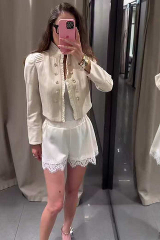Ruffle Trim Military Collar Crop Jacket