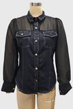 Sheer Sleeve Button-Front Denim Shirt