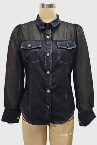 Sheer Sleeve Button-Front Denim Shirt