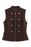 Military Button Zip Front Sleeveless Tank