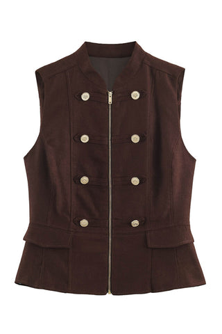 Military Button Zip Front Sleeveless Tank