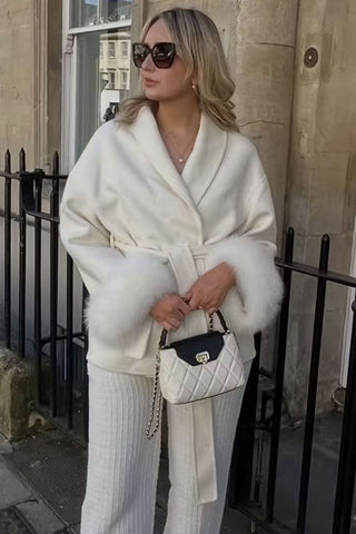 Faux Fur Cuff Wrap Belted Coat