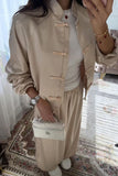 Tie Closure Stand Collar Wide Leg Pants Set