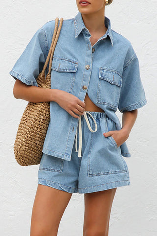 Pocket Button-Front Denim Short Set