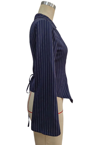 Striped Wrap V-Neck Tie Waist Blouse