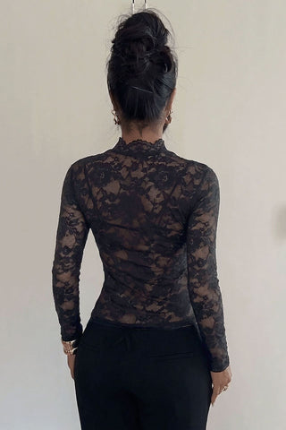 Sheer Floral Lace Mock Neck Long Sleeve Blouse