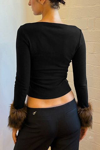 Faux Fur Cuff Long Sleeve Crop Top