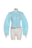 Mandarin Collar Frog Button Puff Sleeve Blouse