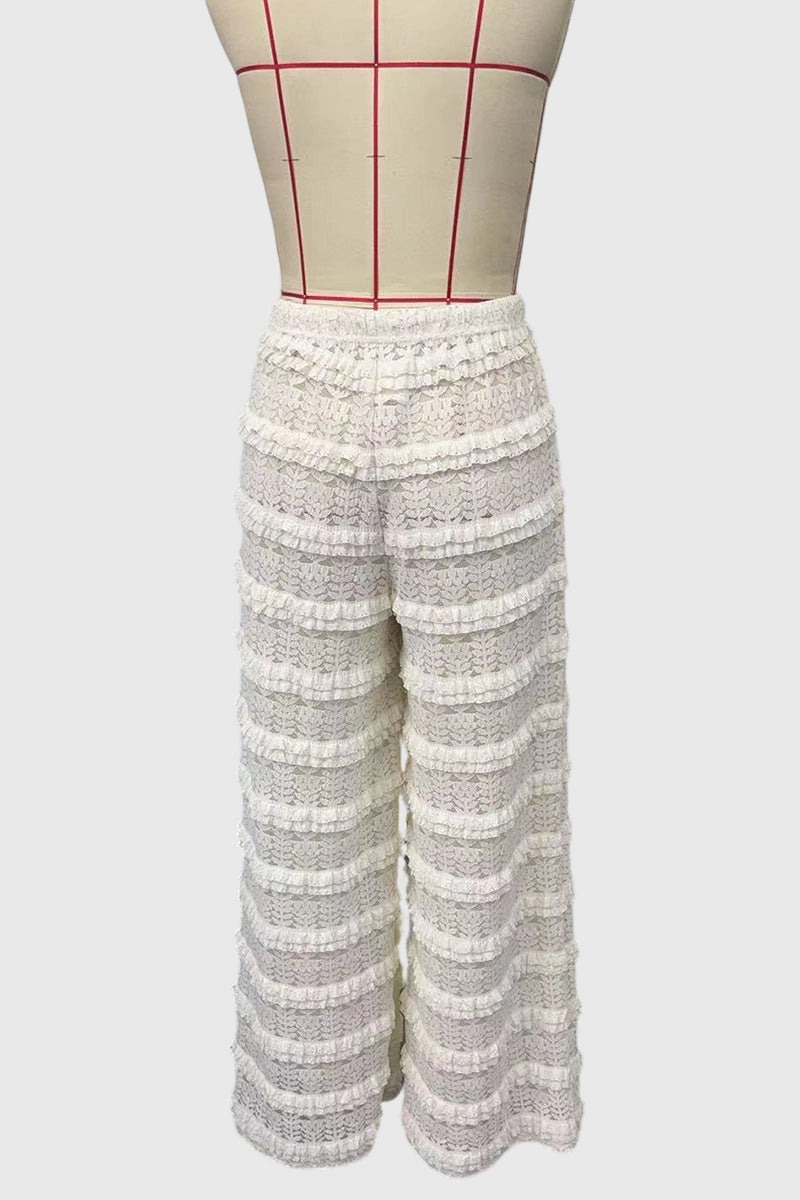 Lace Ruffle Drawstring Wide Leg Pants