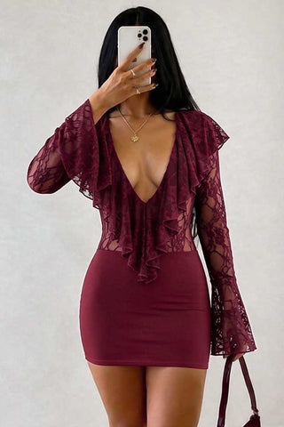 Sheer Lace Ruffle V-Neck Mini Dress