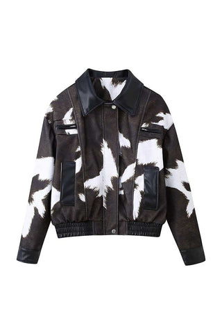 Cow Print Collared Zip-Up Jacket