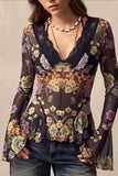 Sheer Floral Lace V-Neck Bell Sleeve Blouse
