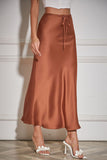 Satin Drawstring Waist Slip Midi Skirt