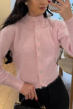 Mock Neck Button-Front Fuzzy Knit Cardigan
