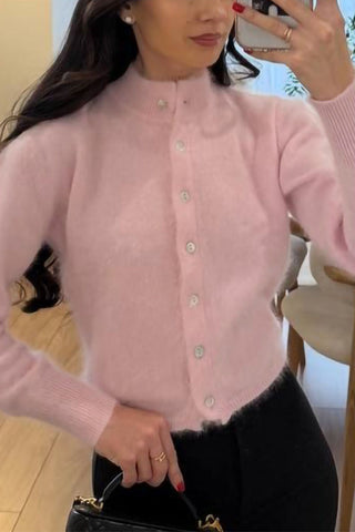 Mock Neck Button-Front Fuzzy Knit Cardigan