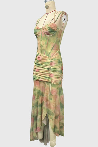 Sheer Mesh Sweetheart Ruched Maxi Dress