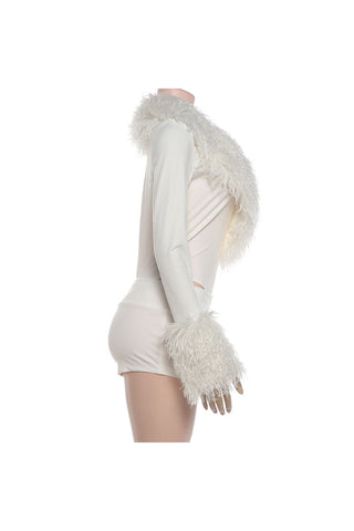 Fuzzy Trim Cutout Long Sleeve Short Set