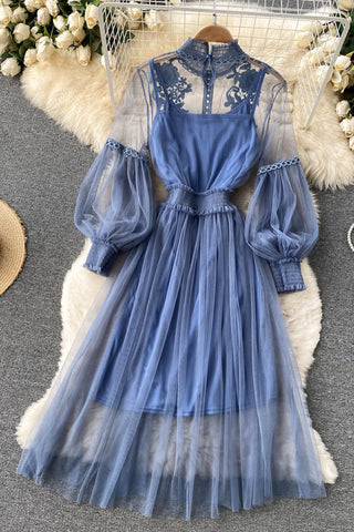 Floral Lace Mock Neck Puff Sleeve Dress