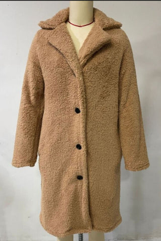 Faux Fur Collar Button-Front Long Coat