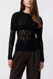 Sheer Lace Overlay Crew Neck Long Sleeve Top
