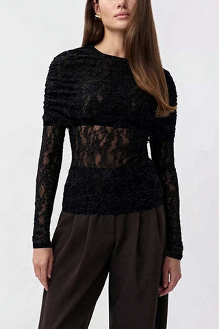 Sheer Lace Overlay Crew Neck Long Sleeve Top