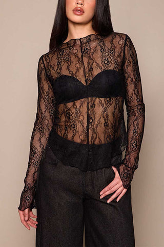 Sheer Floral Lace Long Sleeve Top