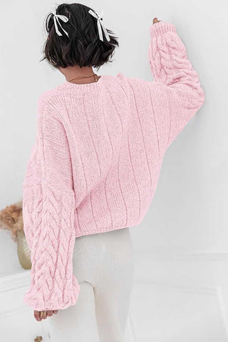 Cable Knit Crew Neck Balloon Sleeve Sweater