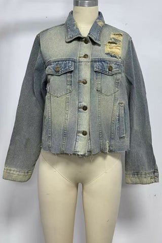 Distressed Button-Front Denim Jacket