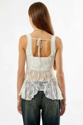 Sheer Floral Lace V-Neck Ruffle Tank