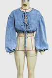 Lace-Up Puff Sleeve Denim Jacket