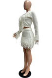 Fringe Trim V-Neck Knit Skirt Set